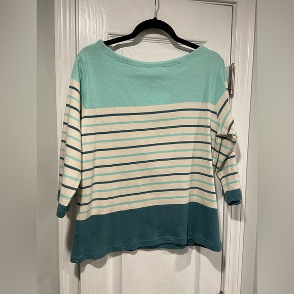 L.L. Bean Size LP Aquamarine Teal Stripe 3/4 Sleeve Knit Heritage Mariner Shirt - Picture 6 of 11